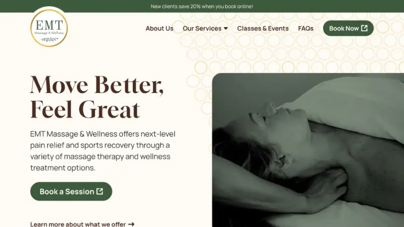 Screenshot of the homepage of https://emtwellness.com at desktop size