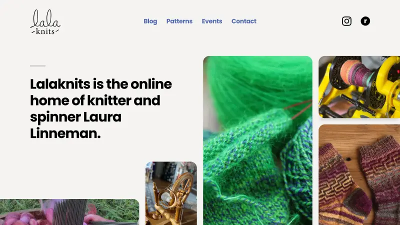 Screenshot of the homepage of https://lalaknitsandspins.com at desktop size