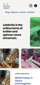 Screenshot of the homepage of https://lalaknitsandspins.com at mobile size
