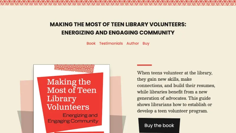 Screenshot of the homepage of https://teenlibraryvolunteersbook.com at desktop size